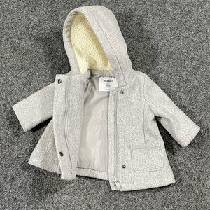 *Old Navy Baby Girl's Light Gray Sherpa Hooded Dress Coat Sz 0-3 M